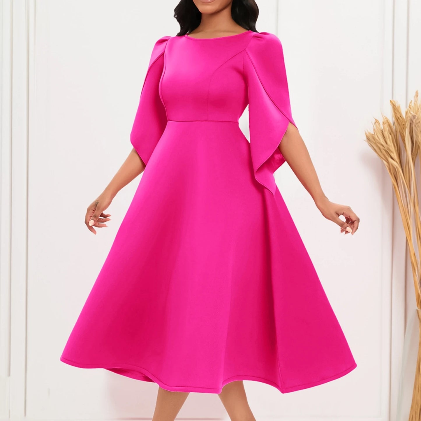 Vestido Feminino Elegante para Festa Vestidos de Verão em Cor Sólida Vestido de Noite com Decote Redondo Slim Vestido Feminino de Larga Amplitude com Comprimento Médio