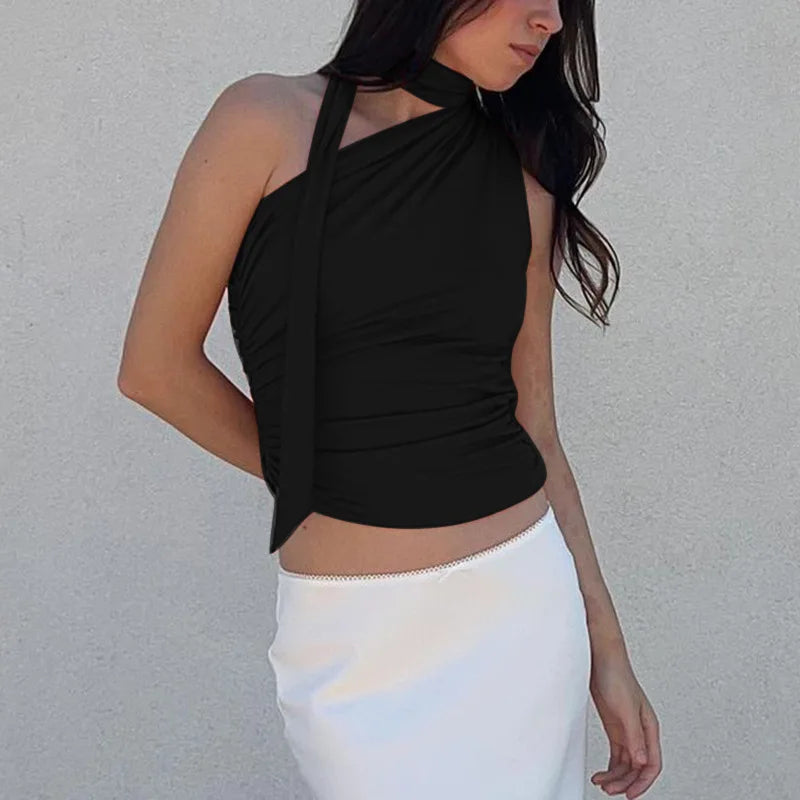 Top Crop Sem Costas Sexy Off Shoulder Halter para Mulheres, Vintage, Sem Mangas, Roupas Y2K para Clubes, Casual Feminino Verão 2024