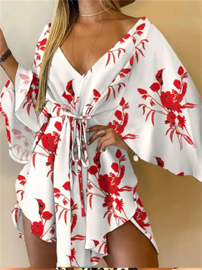 Vestido Estampado Feminino Sexy Com Decote em V, Manga Bat, Renda e Estampa de Flores, Vestido Boêmio de Praia, Vestido Mini Solto para Verão e Férias