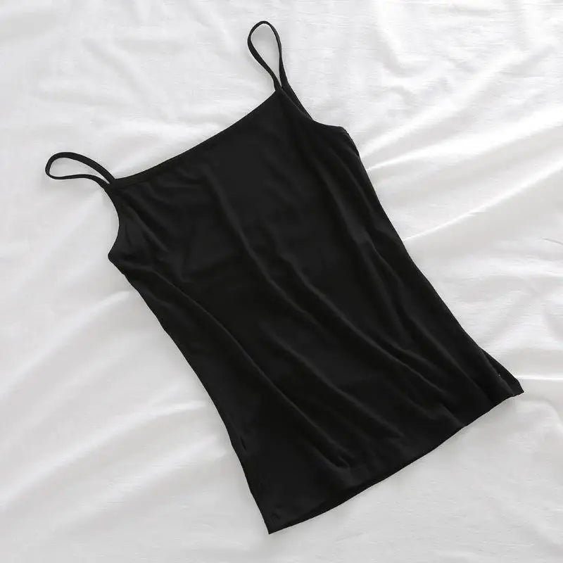 Camisetas Regatas de Verão para Mulheres com Sutiã Embutido, Regatas de Alça Fina, Top Cropped, Tecido Casual de Cor Sólida