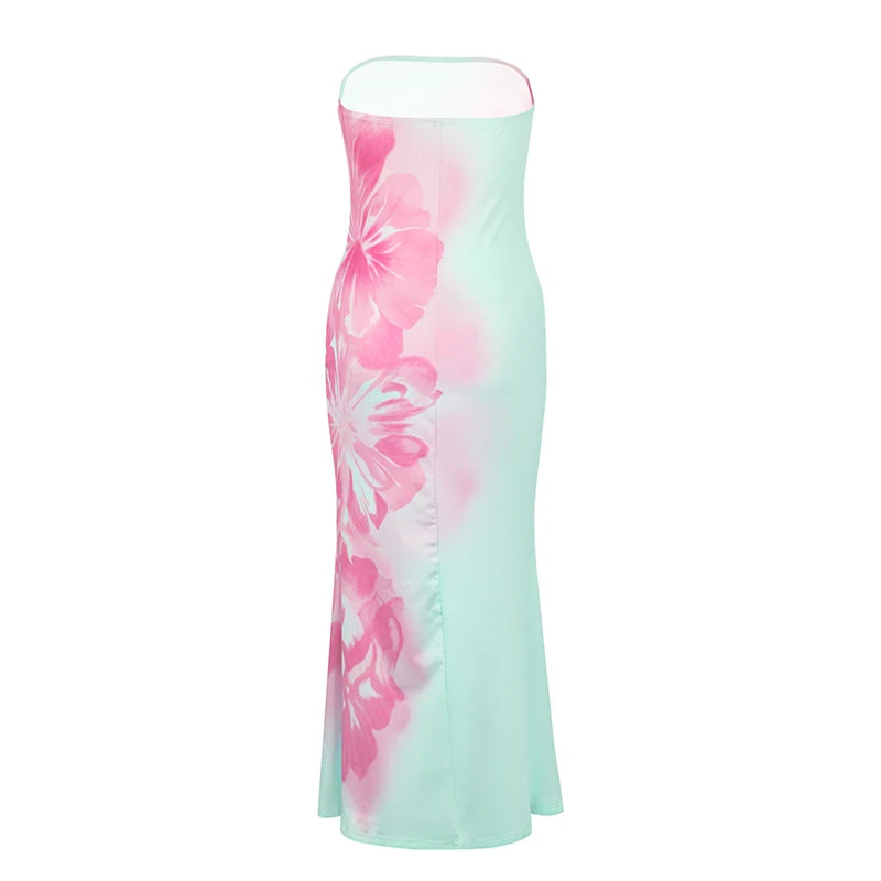 Vestidos de Verão Femininos Nova Moda Streetwear Impressão Casual Vestido Maxi Slim Sexy Elegante Feminino Costas Nua Sem Alças Roupas