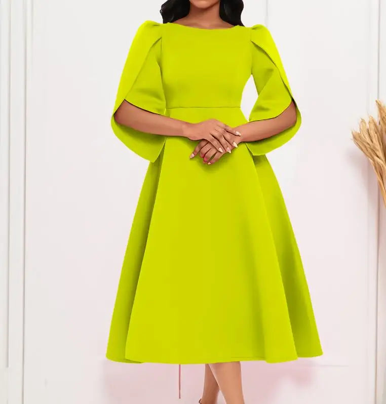 Vestido Feminino Elegante para Festa Vestidos de Verão em Cor Sólida Vestido de Noite com Decote Redondo Slim Vestido Feminino de Larga Amplitude com Comprimento Médio