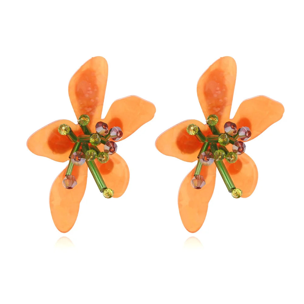 Brinco Feminino Doce Romântico de Primavera, Brincos de Metal em Liga com Flor, Brincos de Stud de Resina Colorida