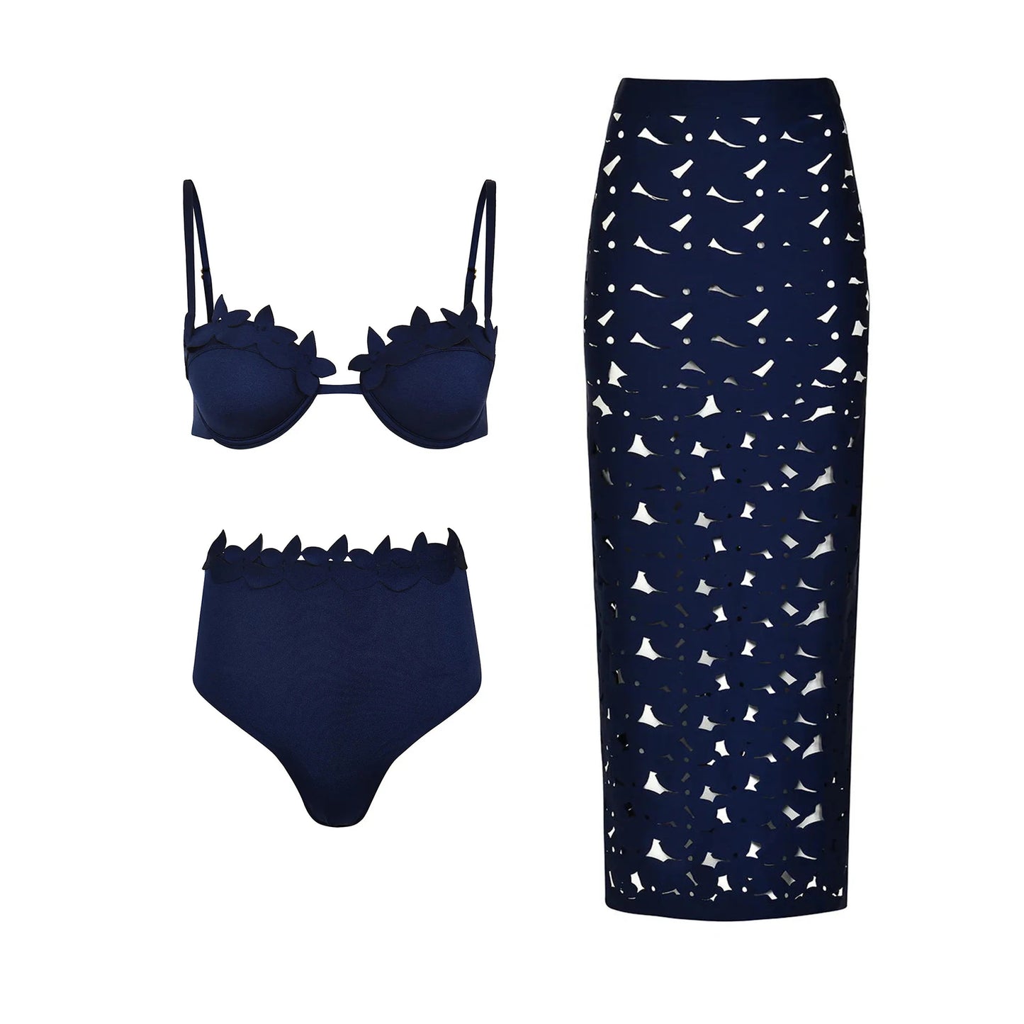 Conjunto de 3 peças de maiô laser cut para mulheres, biquíni sexy com push-up, moda de bainha alta, biquíni feminino com recortes, roupa de banho tipo bodysuit para praia.