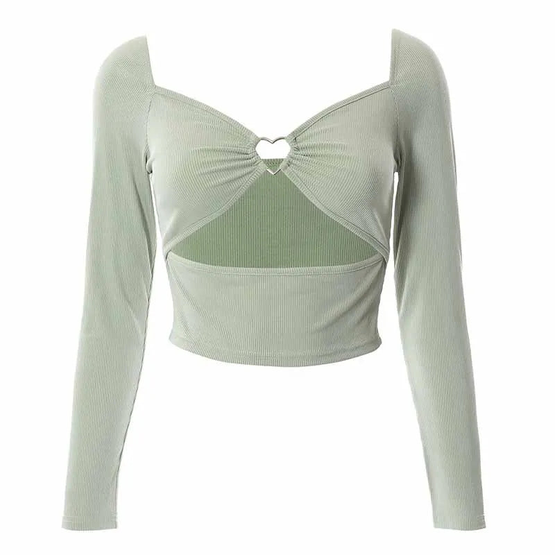 Blusa Cropped de Manga Longa com Decote em V Oco para Primavera e Outono - Moda Casual Feminina, Blusa Slim de Colarinho Quadrado em Malha Canellada, Camiseta Costas Nuas