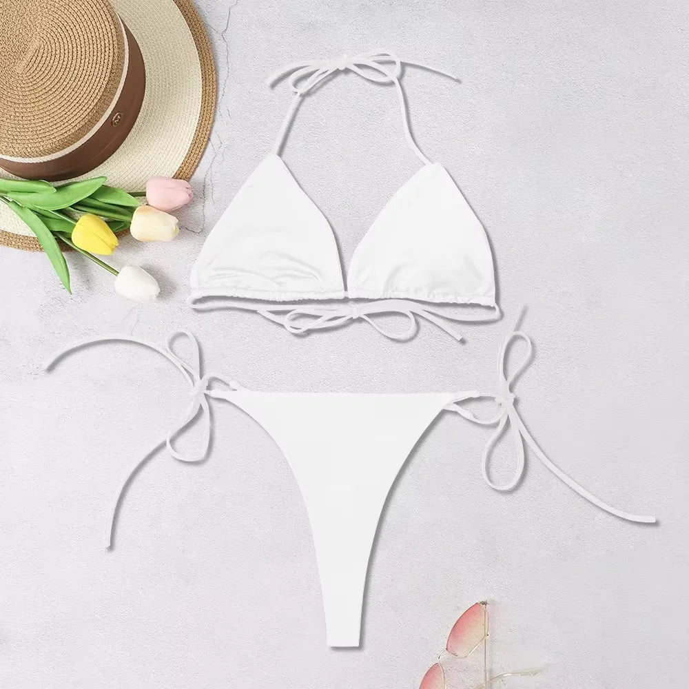 Maiô de praia feminino sólido 2025, em cores lisas, sexy, estilo halter, biquíni três peças, costas nuas, com ajuste e laço.