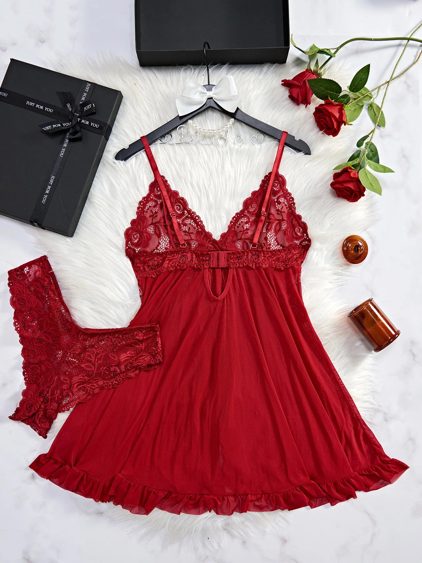 Conjunto de Lingerie Transparente Vermelha Sexy para Mulheres, Roupas de Dormir, Camisola de Renda e Calcinhas, Pijamas Femininos de Papai Noel
