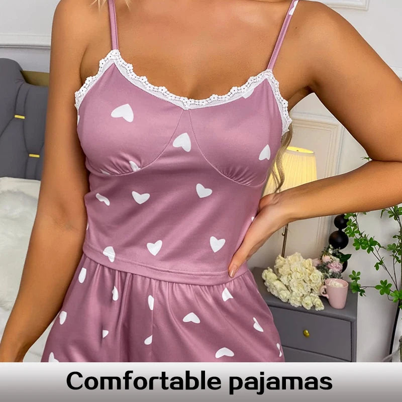 Conjunto de Pijama Casual Feminino com Top e Short em Renda Impressa em V com Alças