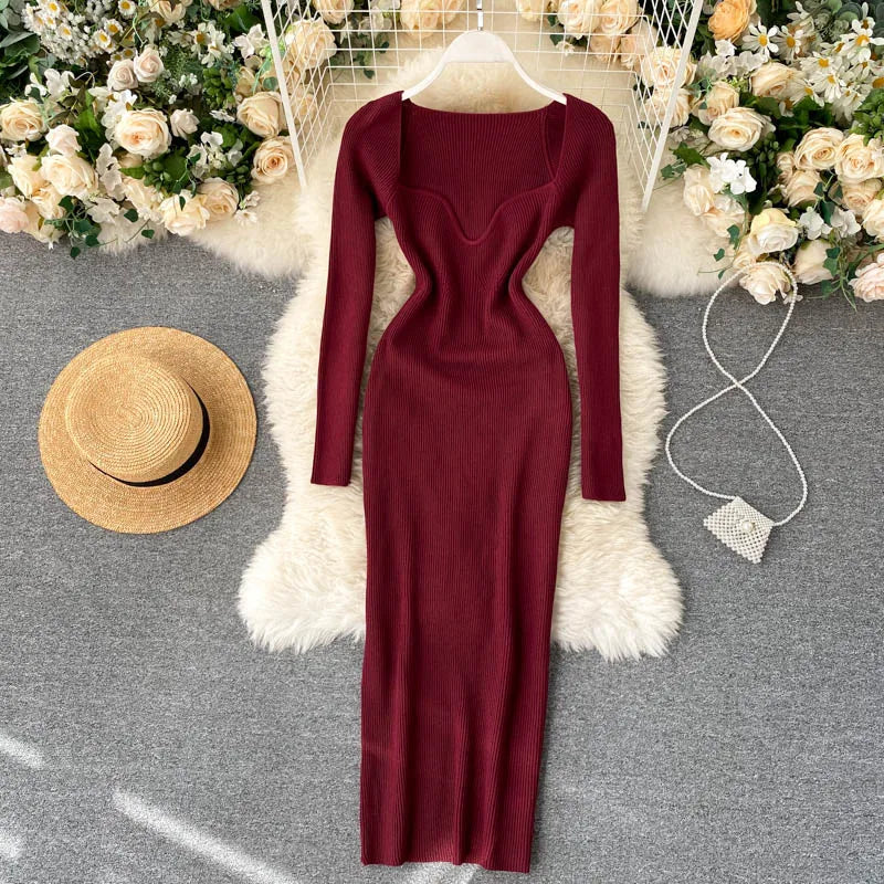 Vestidos para mulheres 2026 vestido justo sem alças em tricô canelado sexy, vestido de suéter midi de manga longa para o inverno