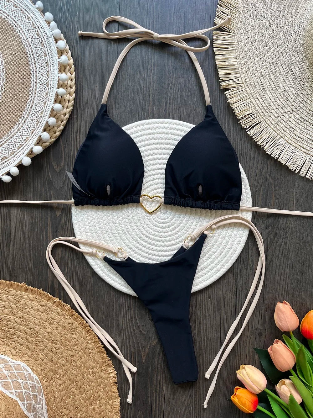 Conjunto de Biquíni Sexy Halter de Cor Sólida RUOTONSEPT, maiô feminino de duas peças, com triângulo e fio dental, traje de banho estilo brasileiro.