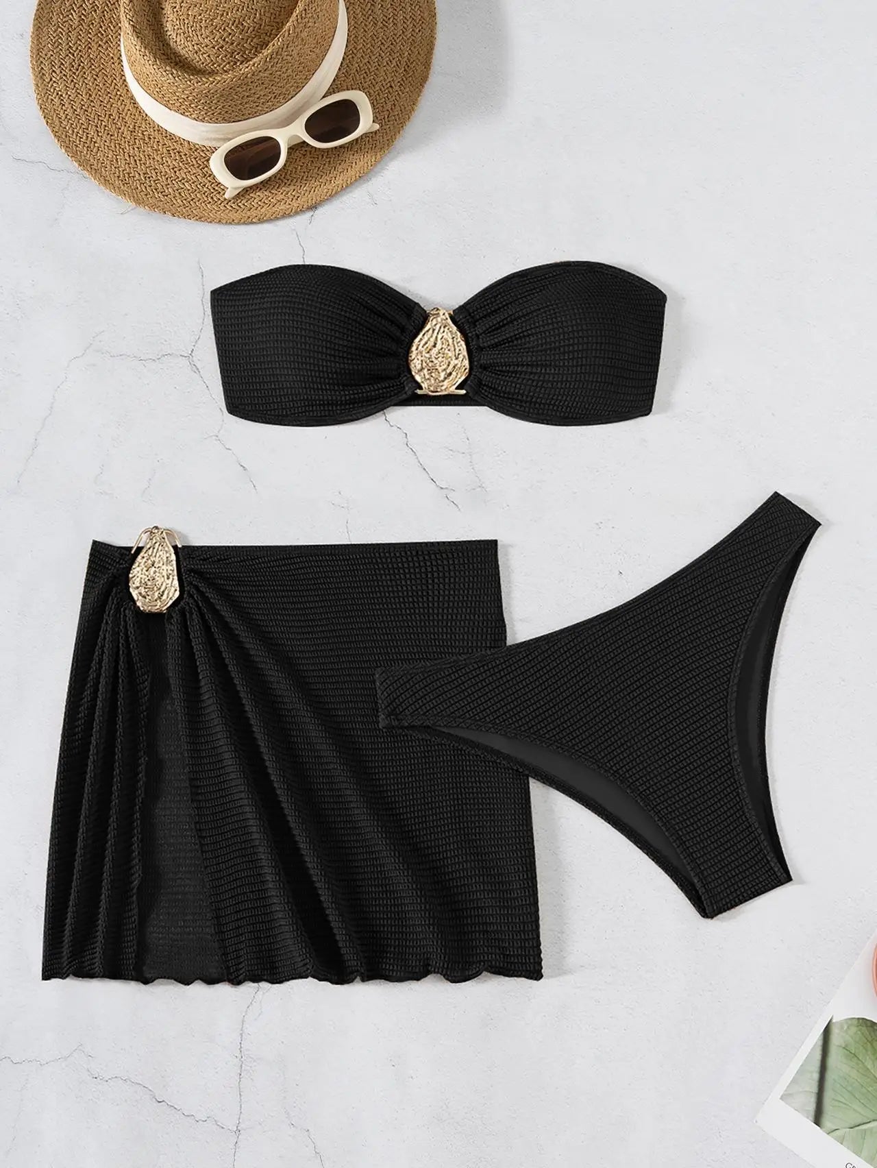 Biquíni Bandeau Sexy para Mulheres com ornamento de gota d'água de metal, blusa com bojo, saia de malha, traje de banho de 3 peças para praia
