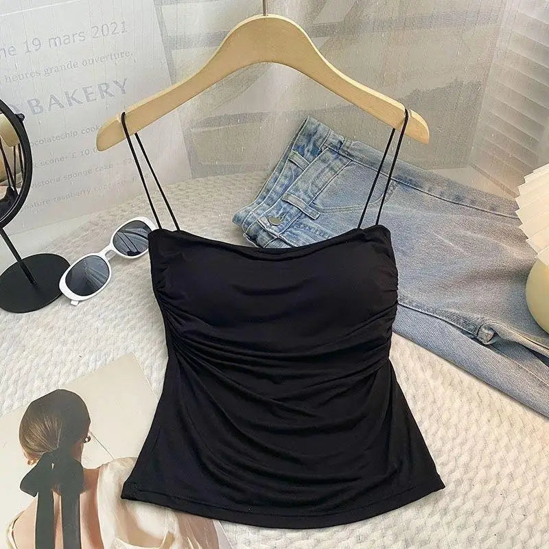 Camisetas Regatas de Verão para Mulheres com Sutiã Embutido, Regatas de Alça Fina, Top Cropped, Tecido Casual de Cor Sólida