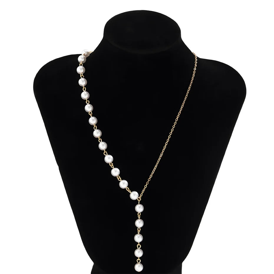Colar de corrente assimétrica elegante em imitação de pérola Ingemark para mulheres, noivas, acessórios de colar longo Kpop, nova joia