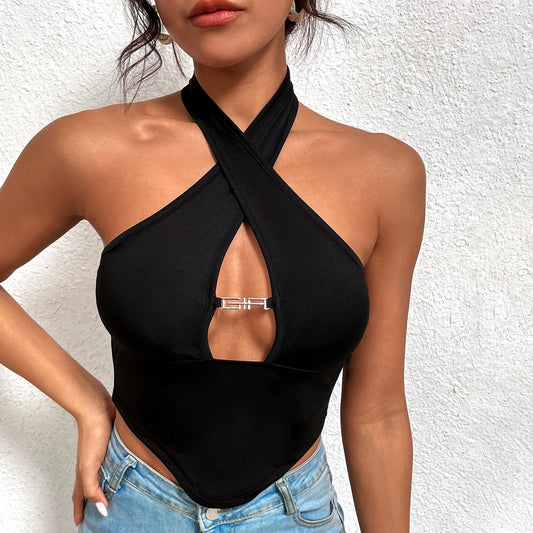 Top Crop Halter Sem Mangas em Bandagem Cruzada Sexy com Ombros à Mostra para Mulheres