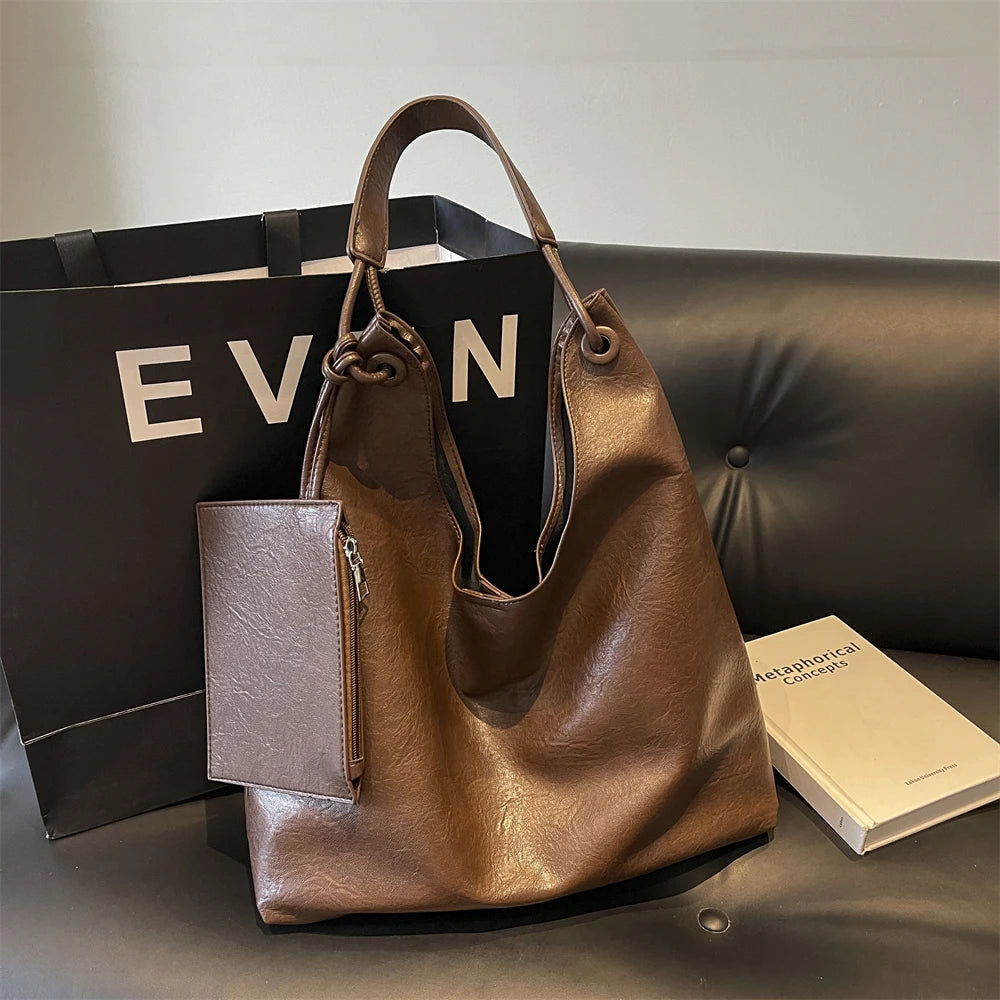 Burgundy 2-IN-1 Shoulder Tote Bags For Women Soft PU Leather Solid Color Large Capacity Shopping Hobo Bag With Coin Purse 2024