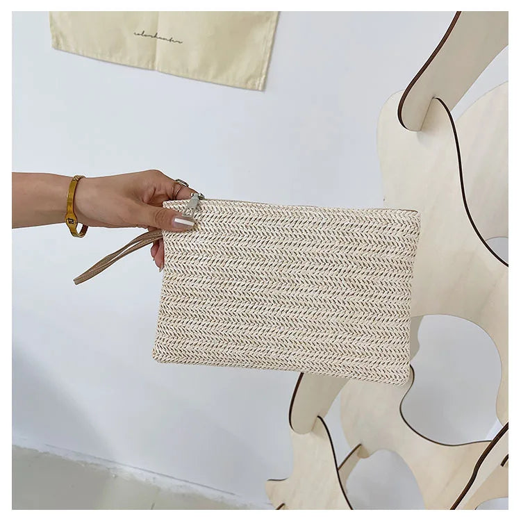 Weaving Bag Fashion Ladies Wristlet Clutch Women Daily Money Phone Clutch Solid Straw Woven Coin Purse Beach Wallet Card Holder