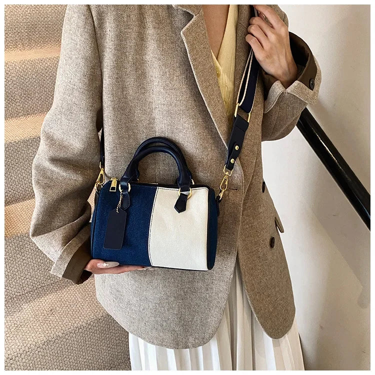 Cross Body Bags Casual Street Small Boston Bag 2025 Designer Purses Patchwork Colorblock Mini Handbags For Women Denim Shoulder