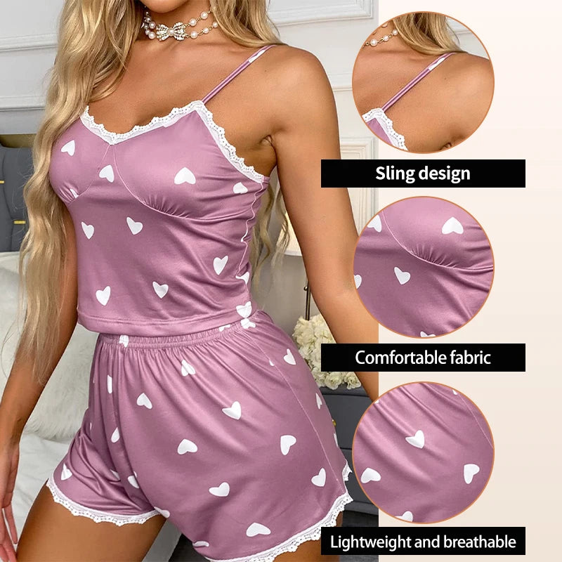 Conjunto de Pijama Casual Feminino com Top e Short em Renda Impressa em V com Alças