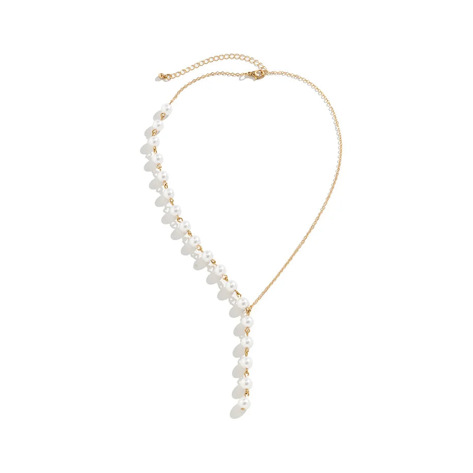 Colar de corrente assimétrica elegante em imitação de pérola Ingemark para mulheres, noivas, acessórios de colar longo Kpop, nova joia