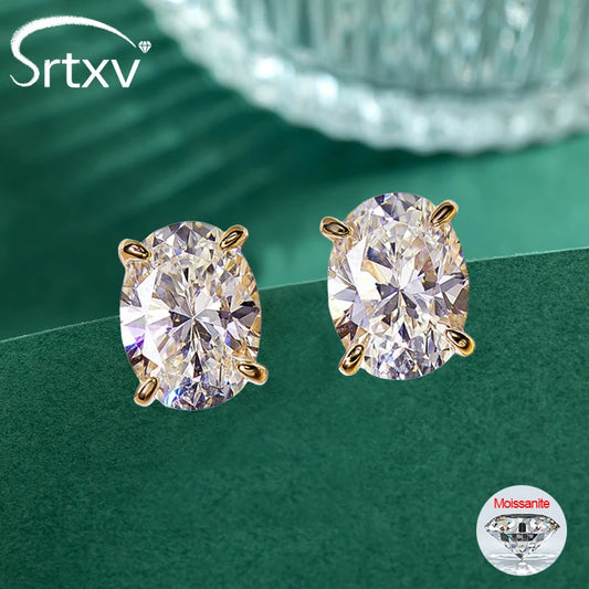 Brincos de Moissanite em Corte Oval com Estilo S925 Prata Banho de Ouro 18K para Mulheres, Brincos Solitário, Presente de Casamento, Joia com Certificado