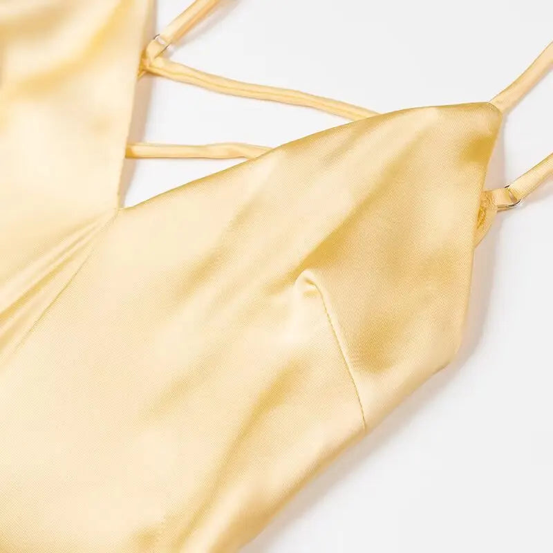 Vestido Longo Elegante Sem Mangas TRAFZA Feminino de Verão Amarelo Manchado com Decote em V para Festa e Férias 2025