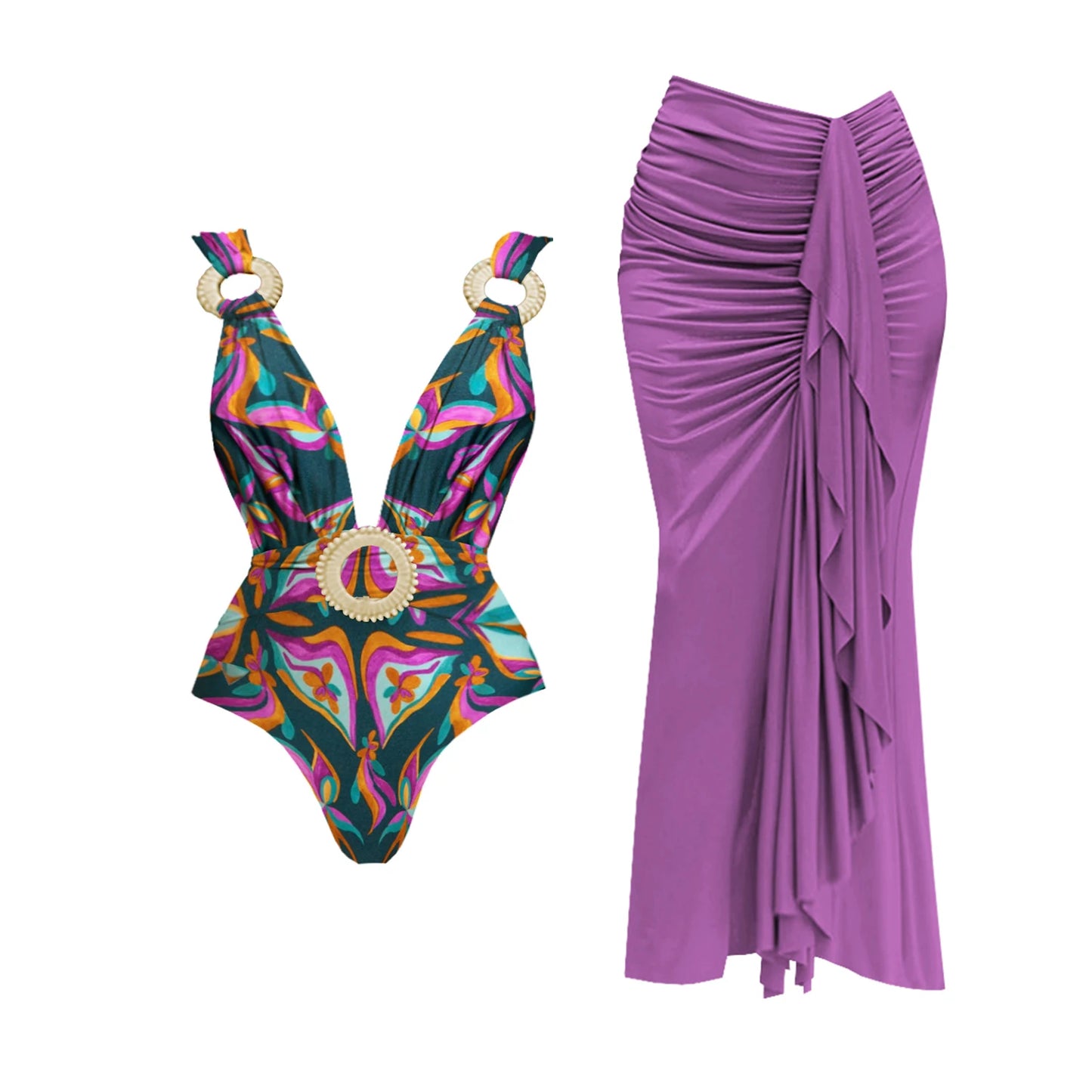 Maiô em 2 peças com decote em V profundo e saia longa, roupas de banho femininas sexy, biquíni brilhante, maiô estampado, moda de praia