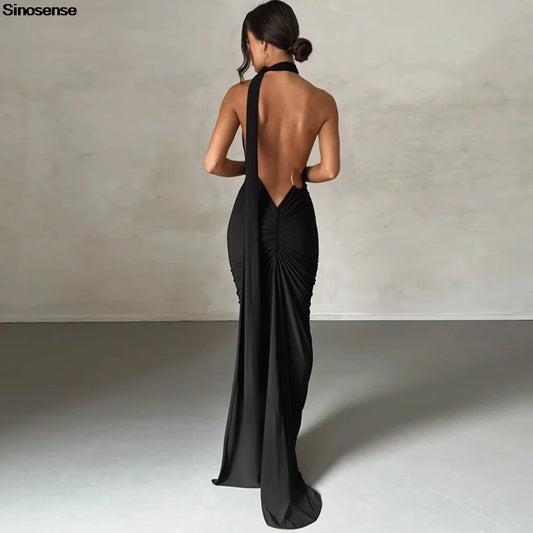 Vestido Longo de Cocktail Elegante Feminino para Festa, Costas Nuas, Abertura Costas, Com Pregas, Justo, Formal para Convidadas de Casamento