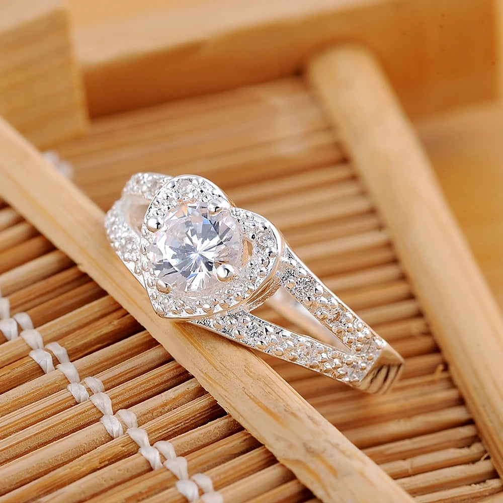 Anel de Zirconia em Coração 925 Prata Esterlina Fina 6-10# para Mulheres Casal Moda Presente de Casamento Acessórios de Joias