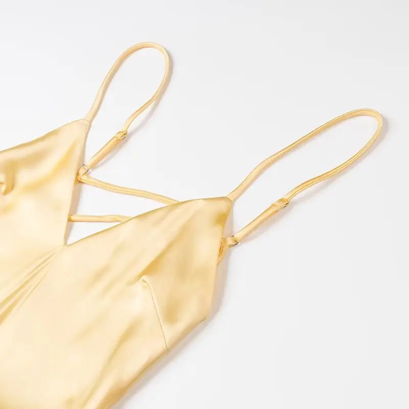 Vestido Longo Elegante Sem Mangas TRAFZA Feminino de Verão Amarelo Manchado com Decote em V para Festa e Férias 2025