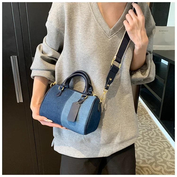 Cross Body Bags Casual Street Small Boston Bag 2025 Designer Purses Patchwork Colorblock Mini Handbags For Women Denim Shoulder
