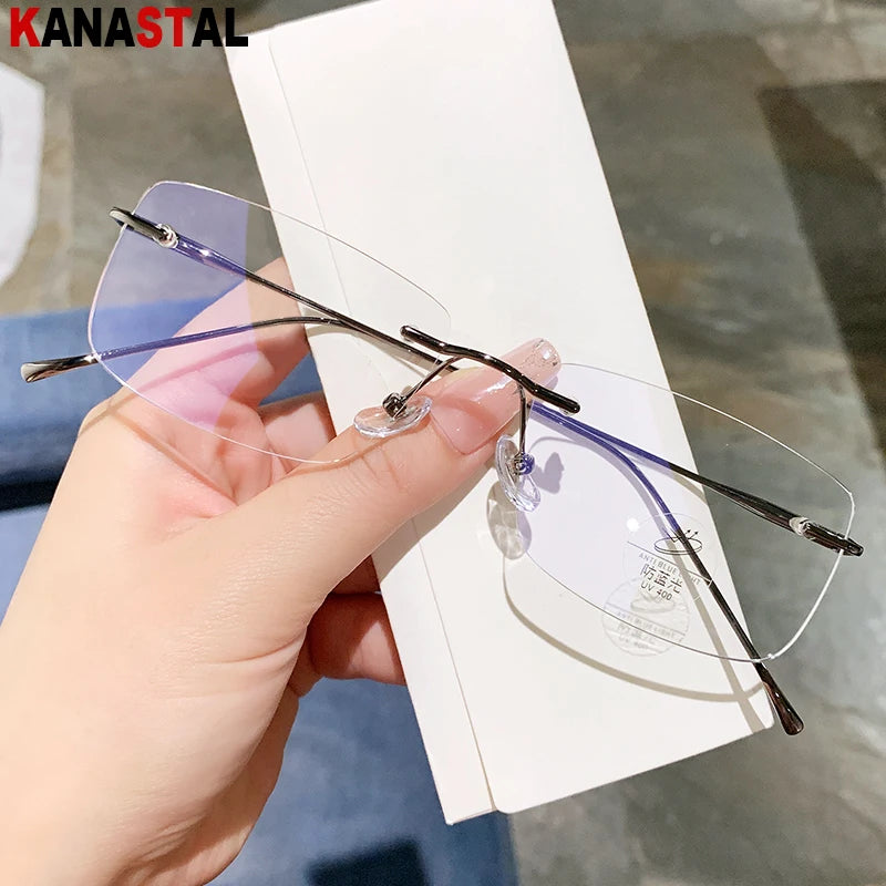 Óculos de leitura sem aro para homens, azul, com proteção contra luz azul, armação de metal, óculos de computador, lentes ópticas CR39 com receita.