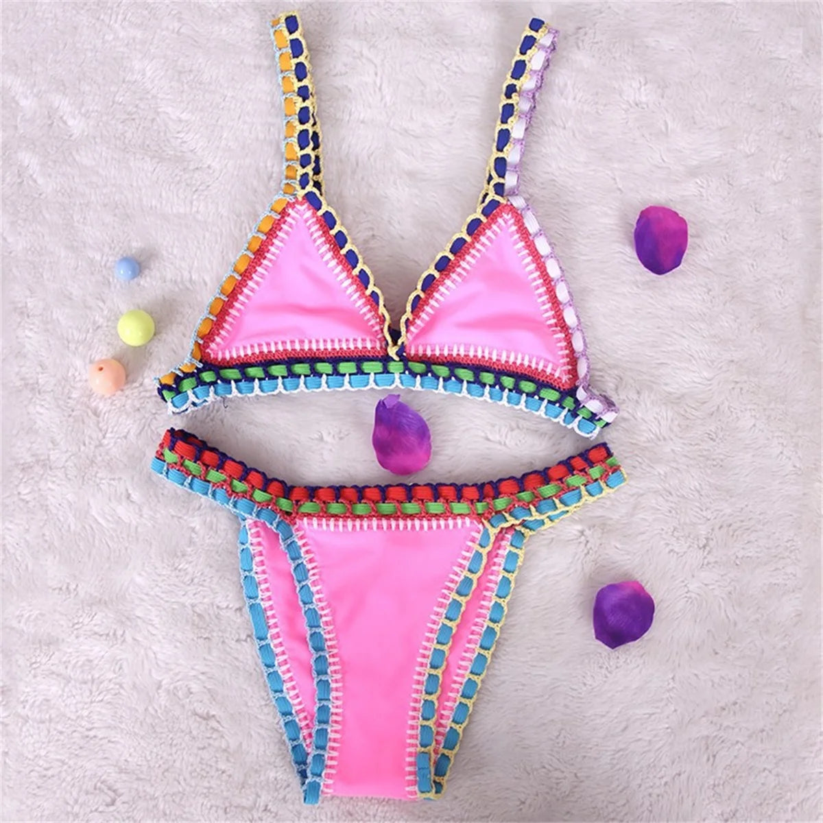 Biquíni de Crochê Rosa 2025 Moda Praia Sexy para Mulheres Conjunto de Biquíni Micro Biquíni com Top Bandeau Roupas de Praia Biquíni Brasileiro