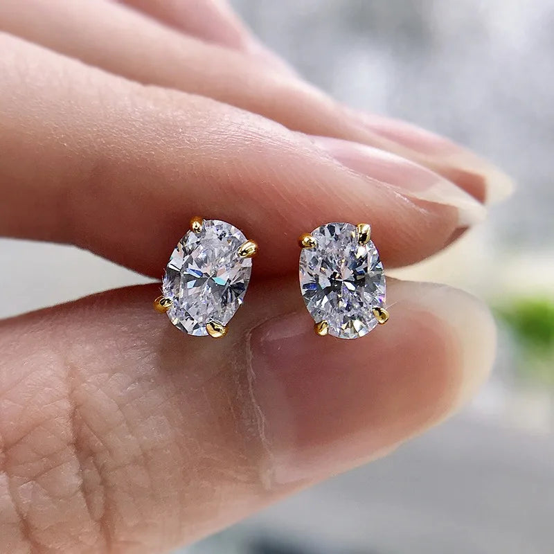 Brincos de Moissanite em Corte Oval com Estilo S925 Prata Banho de Ouro 18K para Mulheres, Brincos Solitário, Presente de Casamento, Joia com Certificado