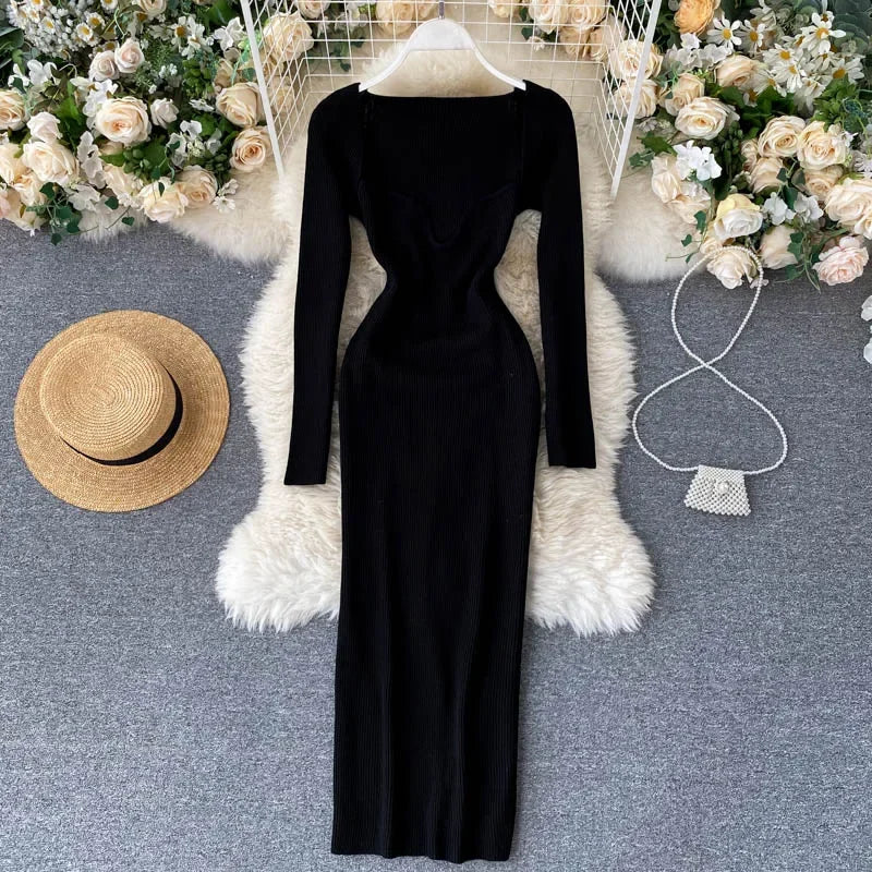 Vestidos para mulheres 2026 vestido justo sem alças em tricô canelado sexy, vestido de suéter midi de manga longa para o inverno