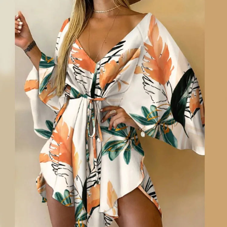 Vestido Estampado Feminino Sexy Com Decote em V, Manga Bat, Renda e Estampa de Flores, Vestido Boêmio de Praia, Vestido Mini Solto para Verão e Férias