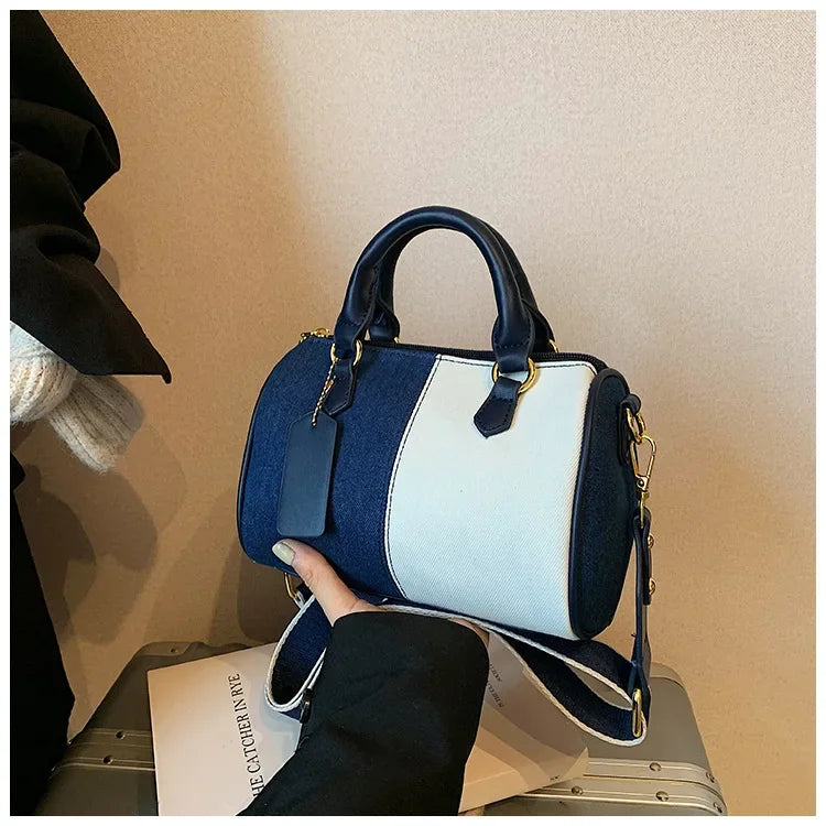 Cross Body Bags Casual Street Small Boston Bag 2025 Designer Purses Patchwork Colorblock Mini Handbags For Women Denim Shoulder