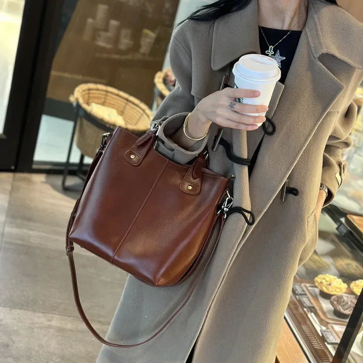 Genuine Leather Women's Tote Bag 2025 New Woman Shoulder Bags Fashion Cowhide Crossbody Bucket Bag Female Handbags 9258