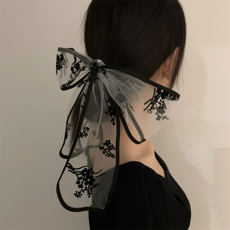 Lenço de Cabelo de Renda Retro Lystrfac Moda Francesa para Mulheres, Faixa de Cabelo com Bordado Preto, Laço Longo, Acessórios Vintage para Cabelo