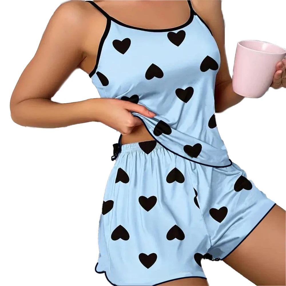 Conjunto de Pijamas Femininos Camisetas Shorts Impressão em Forma de Coração T-Shirt de Decote Redondo Top de Seda Gelada Confortável Casual de Verão