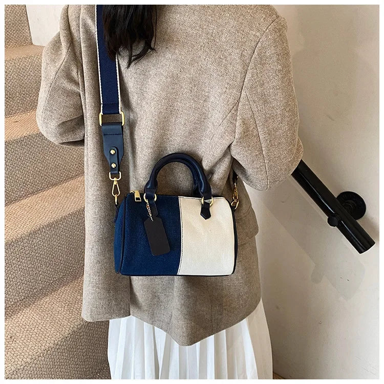 Cross Body Bags Casual Street Small Boston Bag 2025 Designer Purses Patchwork Colorblock Mini Handbags For Women Denim Shoulder