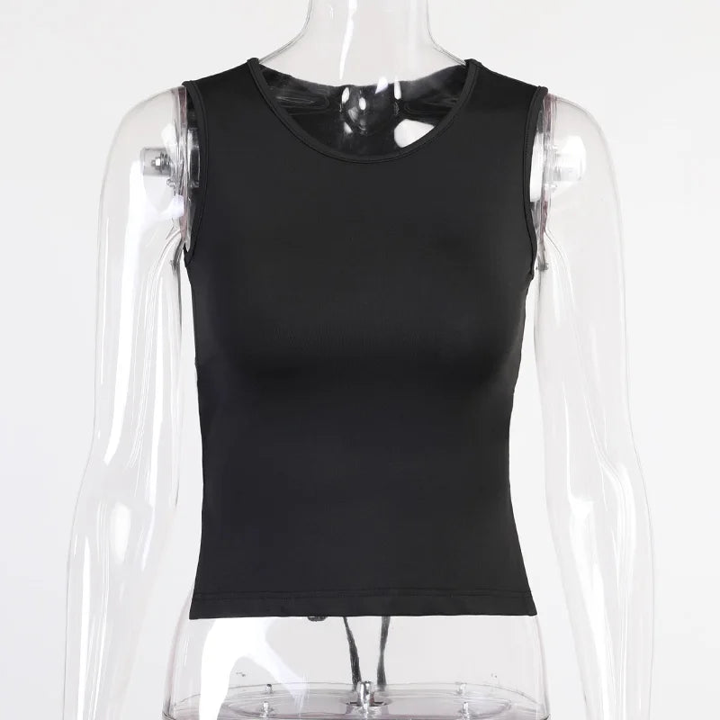 Top Cropped Sem Costas Justo Sólido Sem Mangas 2021 Verão Sexy Skinning Simples com Decote Alto Top Básico