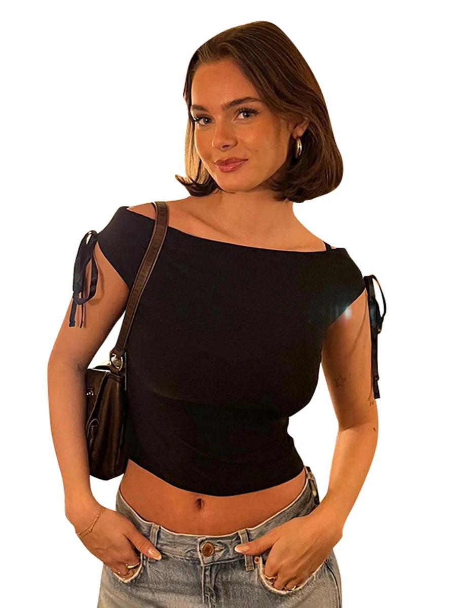 CUTENOVA 2024 Verão Tops Sem Manga Sexy Ombro à Exposição com Cores Sólidas Lace Up T-Shirt Casual Slim Crop Top Preto Manga Curta Feminino