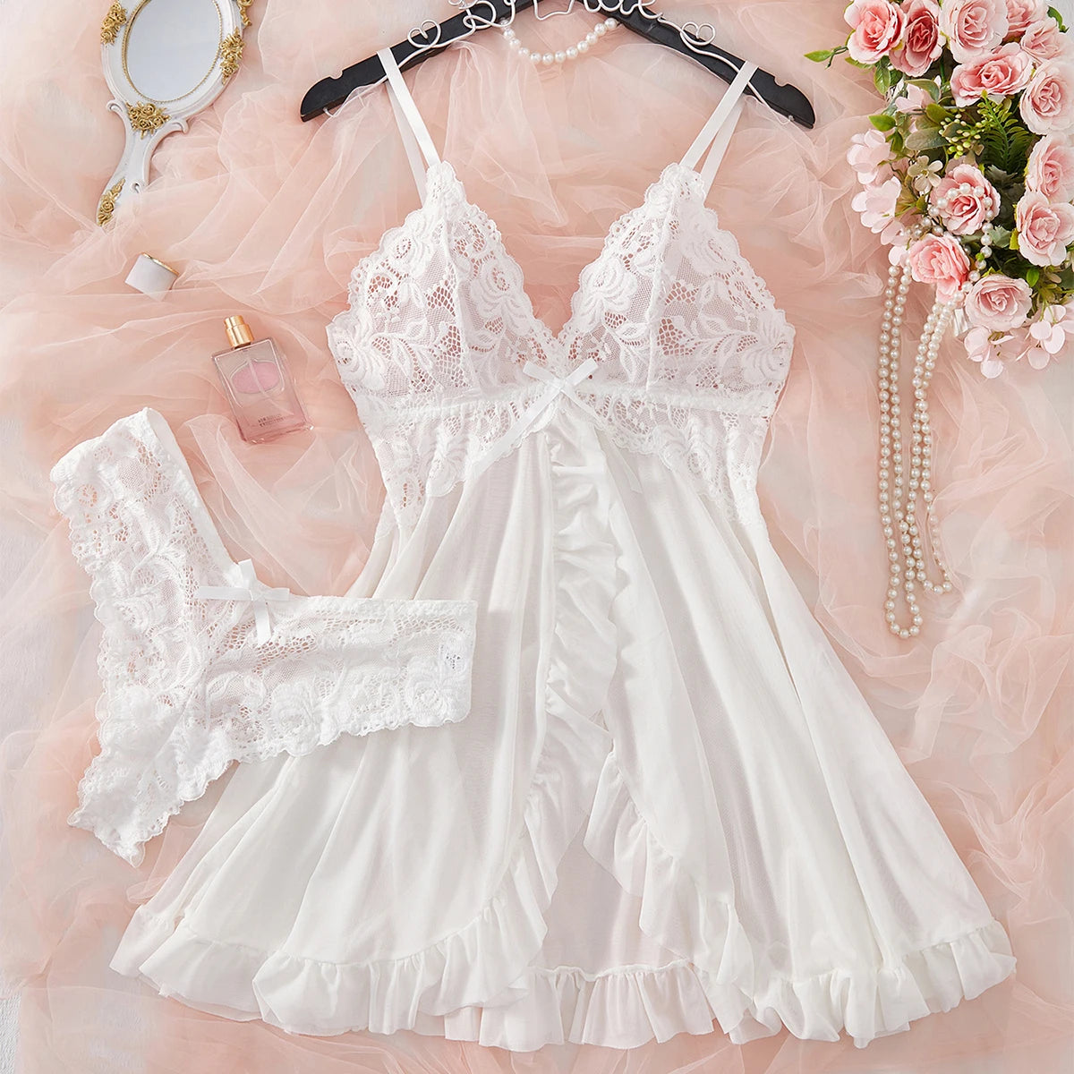 Conjunto de Lingerie Transparente Vermelha Sexy para Mulheres, Roupas de Dormir, Camisola de Renda e Calcinhas, Pijamas Femininos de Papai Noel