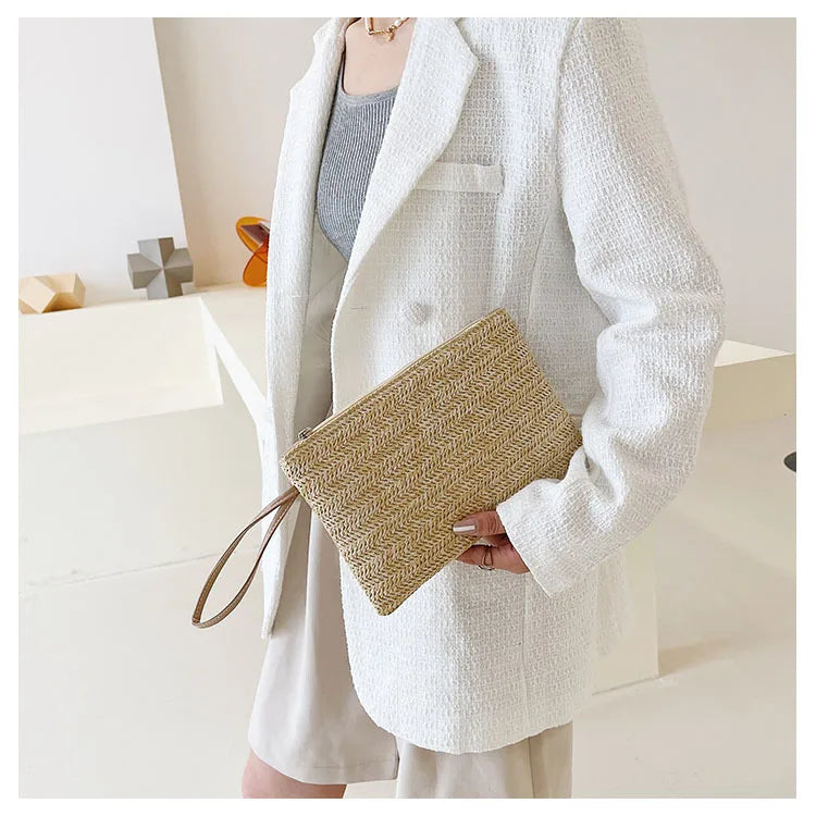 Weaving Bag Fashion Ladies Wristlet Clutch Women Daily Money Phone Clutch Solid Straw Woven Coin Purse Beach Wallet Card Holder