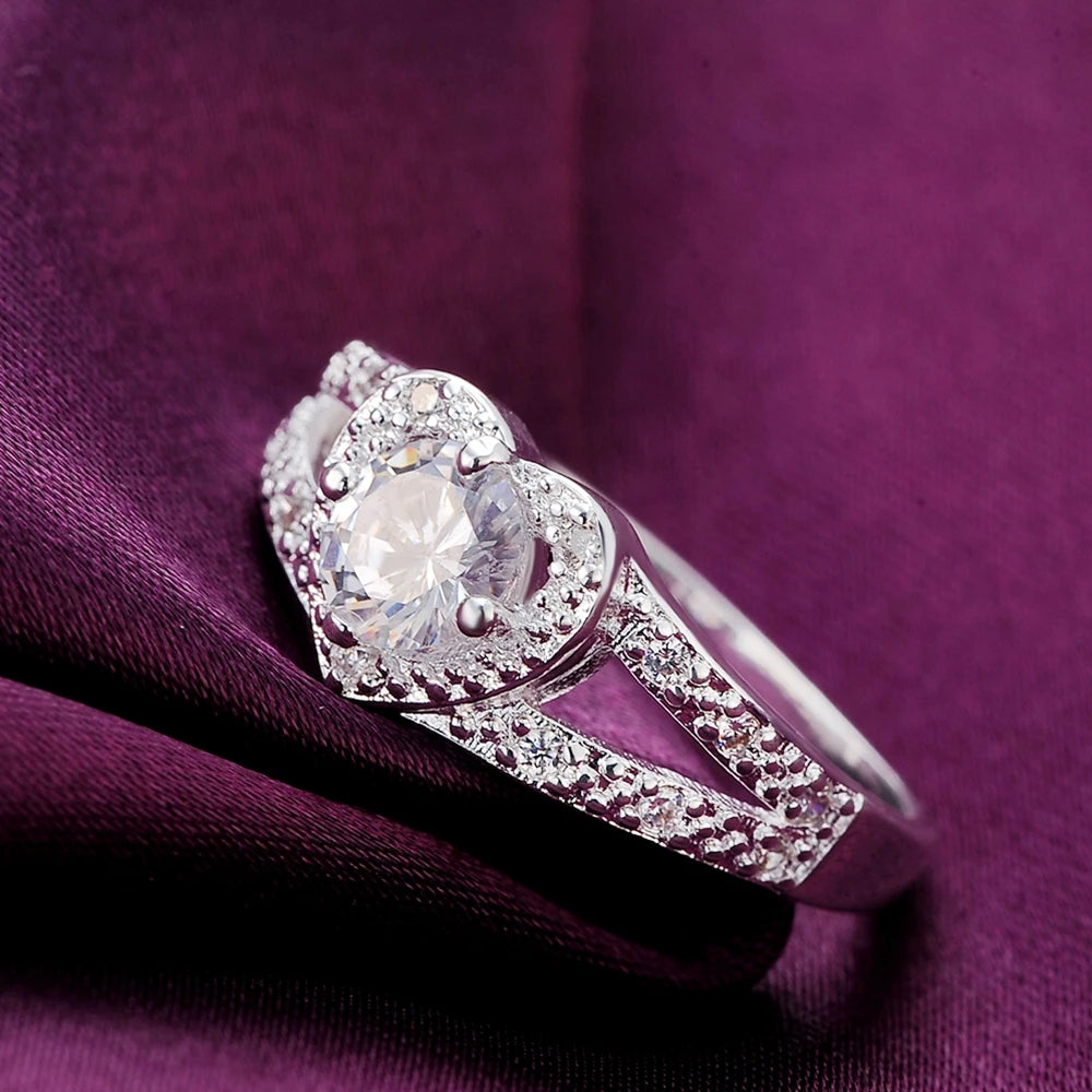 Anel de Zirconia em Coração 925 Prata Esterlina Fina 6-10# para Mulheres Casal Moda Presente de Casamento Acessórios de Joias