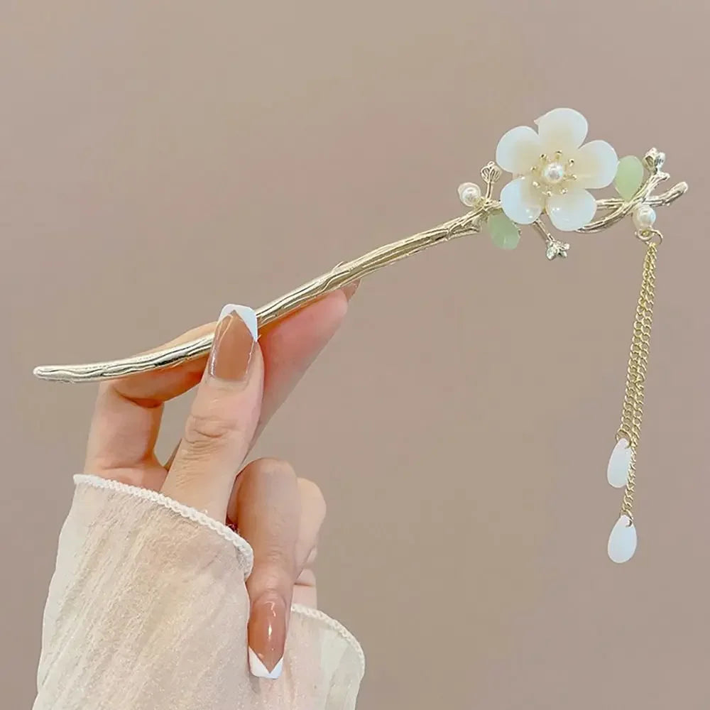Pinhão de cabelo estilo chinês com hastes de metal, estilo antigo, com franja de orquídea, flor, tassel e acessórios para cabelo feminino.