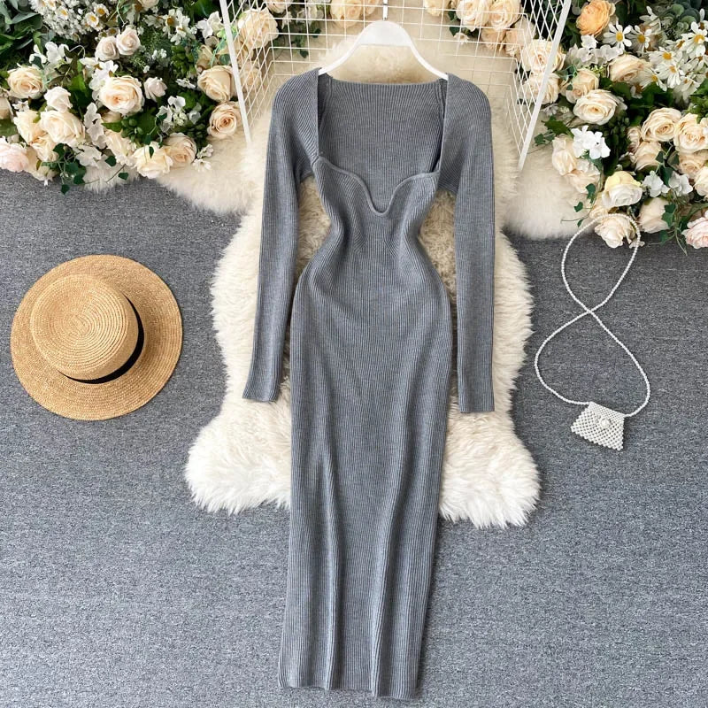 Vestidos para mulheres 2026 vestido justo sem alças em tricô canelado sexy, vestido de suéter midi de manga longa para o inverno