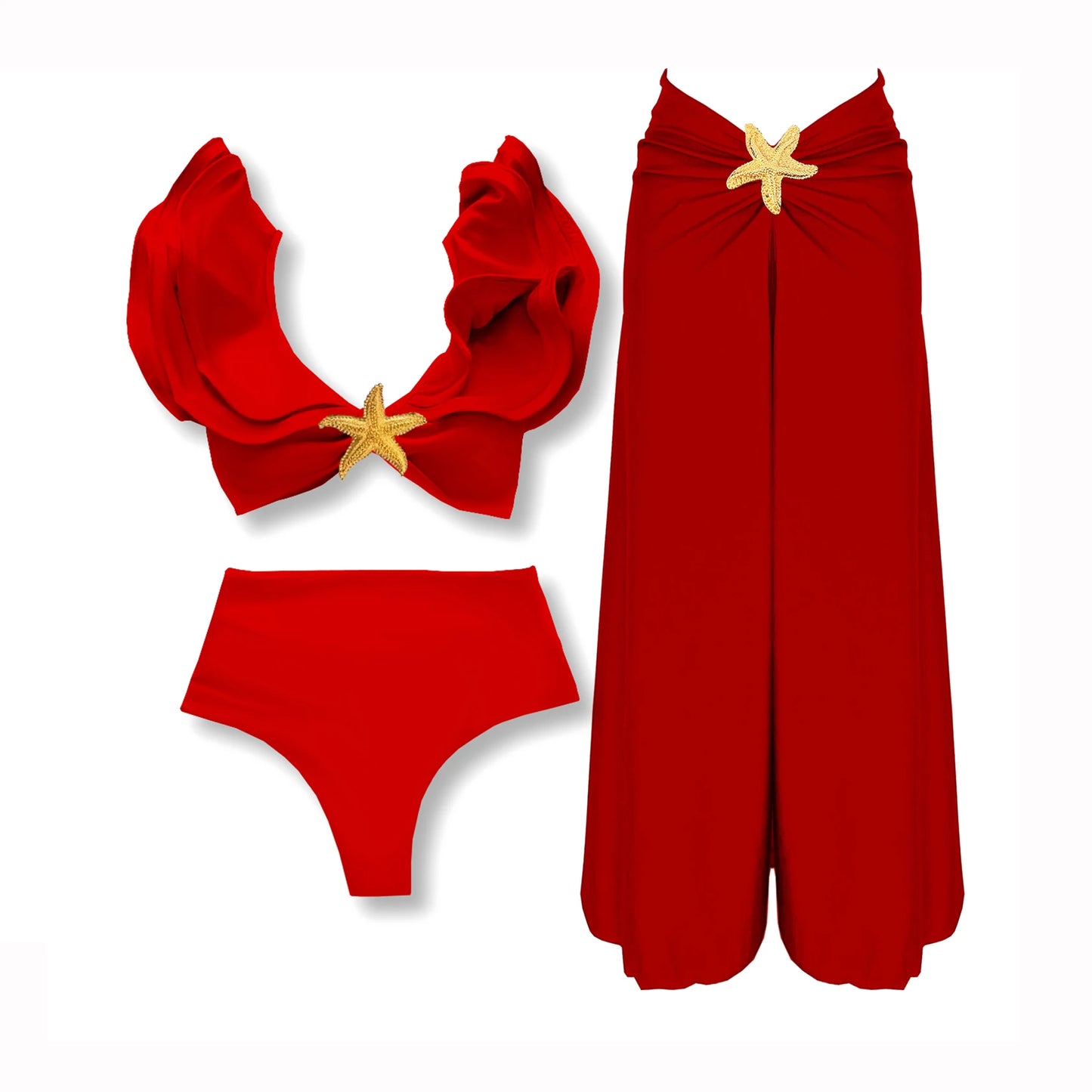 Conjunto de 3 Peças de Biquíni Sexy com Ombros Em Renda Para Mulheres 2025 Traje de Banho Maiô Brilhante Estrela Trajes de Natação Feminino Maiô Praia