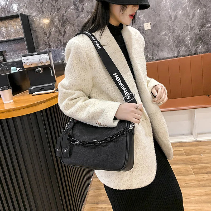 Cowhide Letter printing Handbag Designer Genuine Leather Women Shoulder bag Chains Female Tote Luxury Brand Ladies Messenger Bag