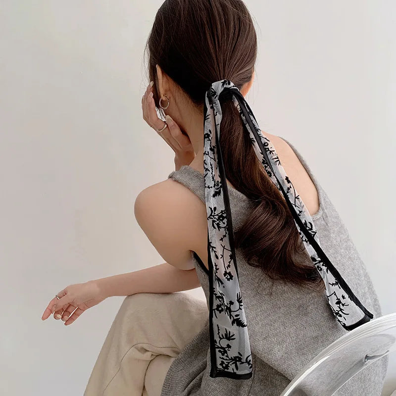 Lenço de Cabelo de Renda Retro Lystrfac Moda Francesa para Mulheres, Faixa de Cabelo com Bordado Preto, Laço Longo, Acessórios Vintage para Cabelo